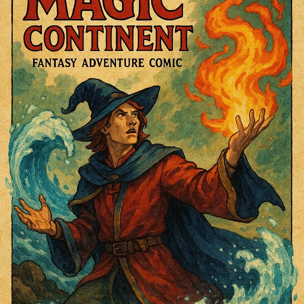 奇幻冒險漫畫《魔法大陸》封面，魔法師召喚元素場景